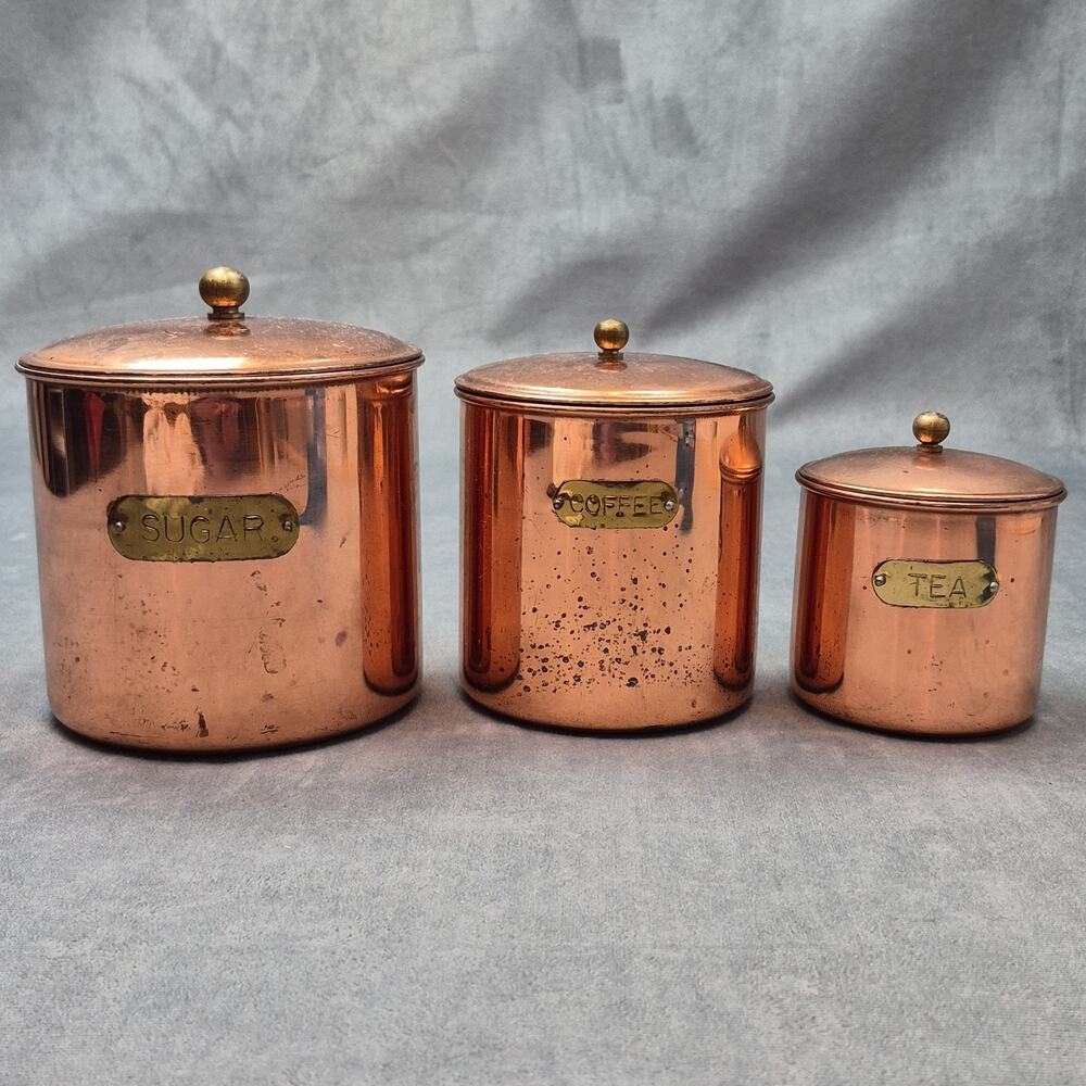 MCM Copper & Brass Vintage Canisters Patina Nesting Set 3 Sugar/Coffee/Tea